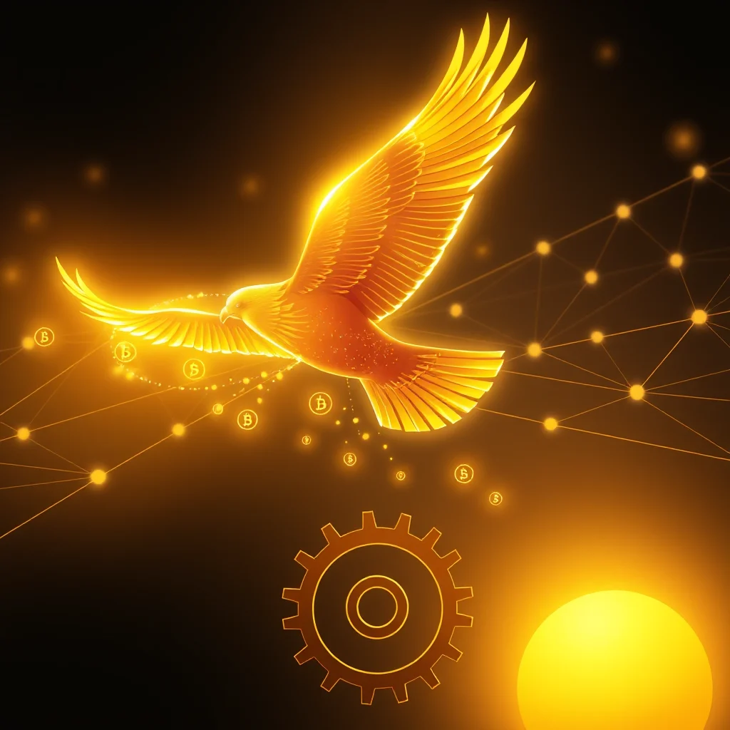 A luminous golden eagle is depicted in flight, with its wings spread wide, against a dark background. The eagle appears to be emitting a bright, warm glow, and its feathers are intricately detailed. It is surrounded by a network of glowing lines and nodes, with several Bitcoin symbols interspersed. Below the eagle, a stylized golden gear is visible, and in the lower right corner, a bright, sun-like orb radiates light.