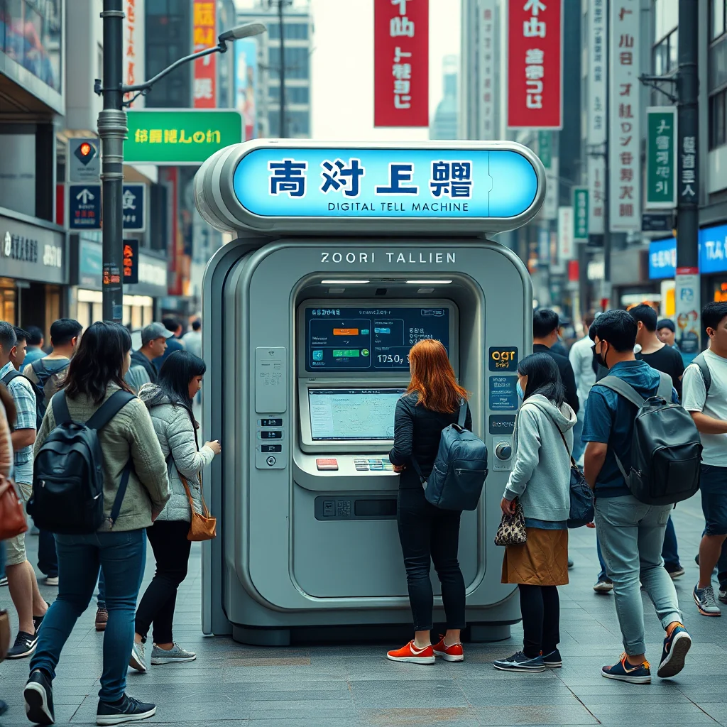 A group of people stand around a gray ATM on a busy city street with signs in Japanese.