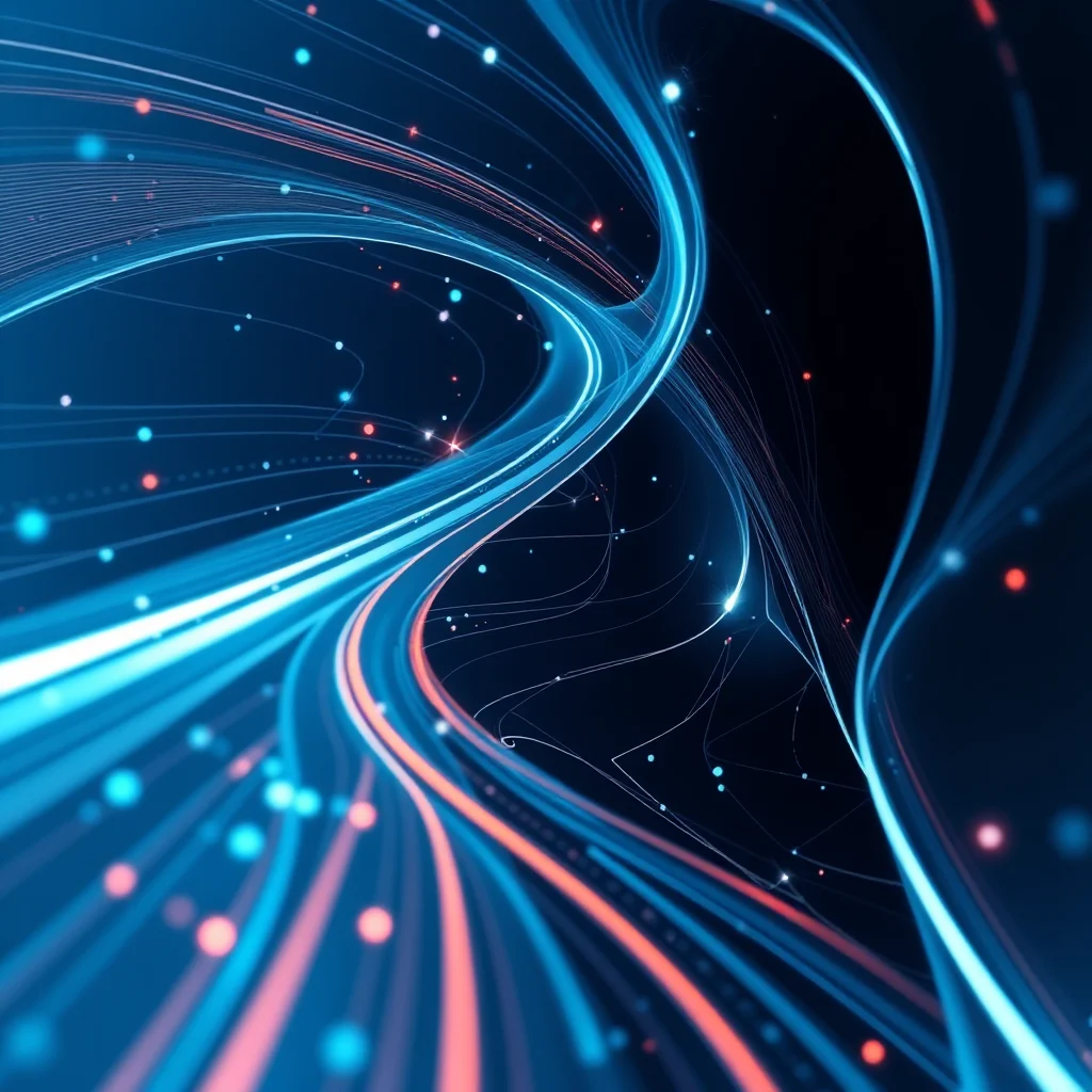 Abstract blue and red light streaks with bokeh effects against a dark background.
