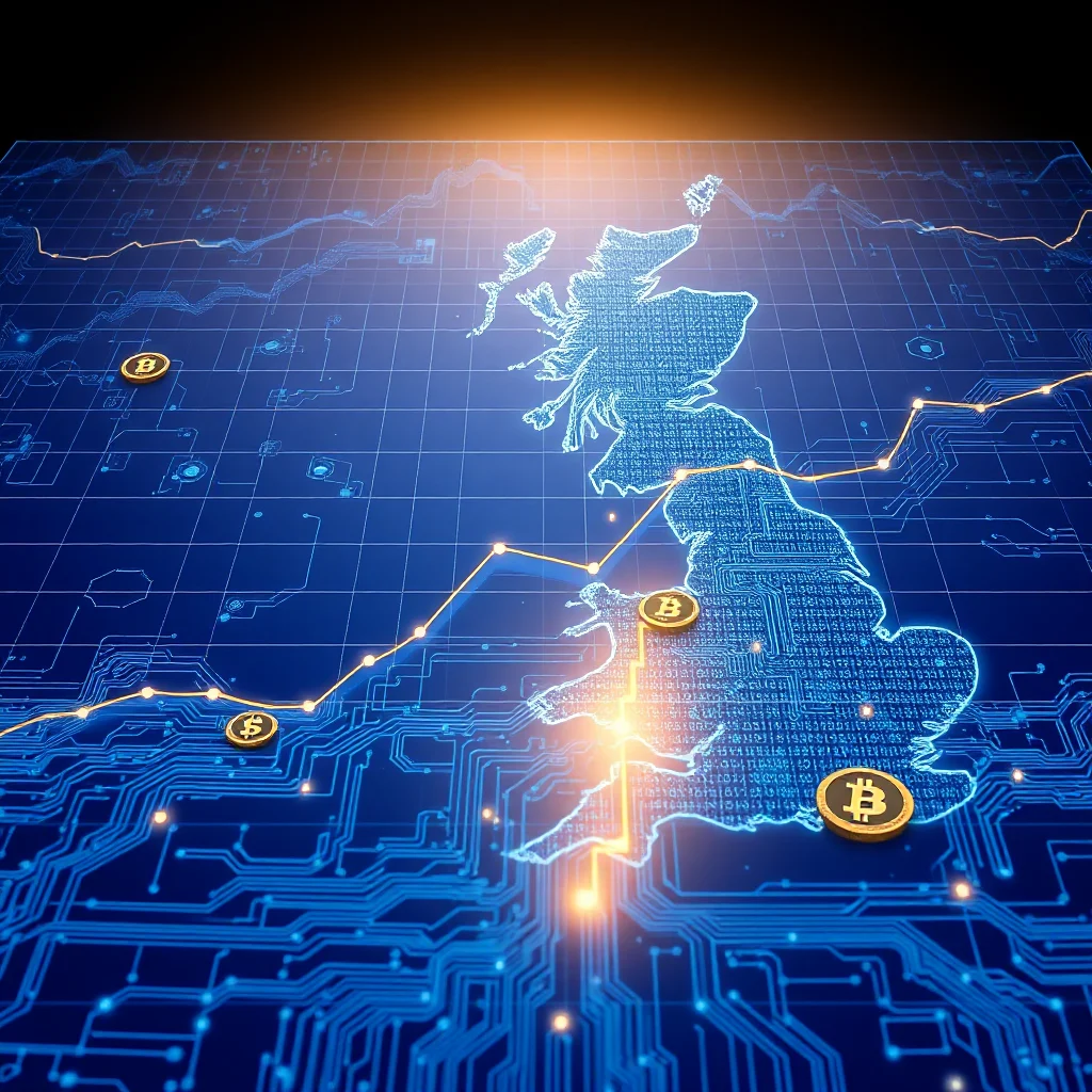 A digital representation of the UK overlaid with a bright blue grid and circuit board patterns. A yellow line graph with several Bitcoin symbols on it cuts across the map, indicating a rising trend.