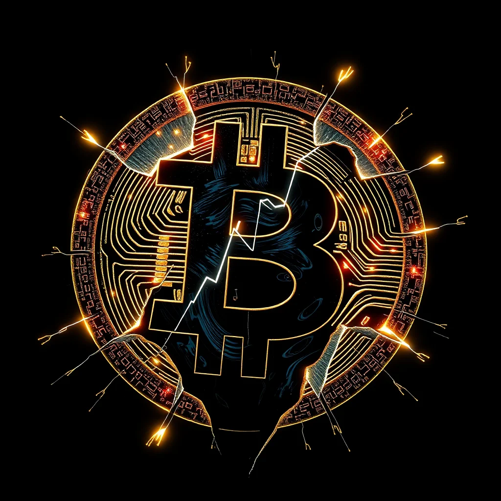A cracked Bitcoin symbol with a glowing circuit board design, emitting sparks and light.