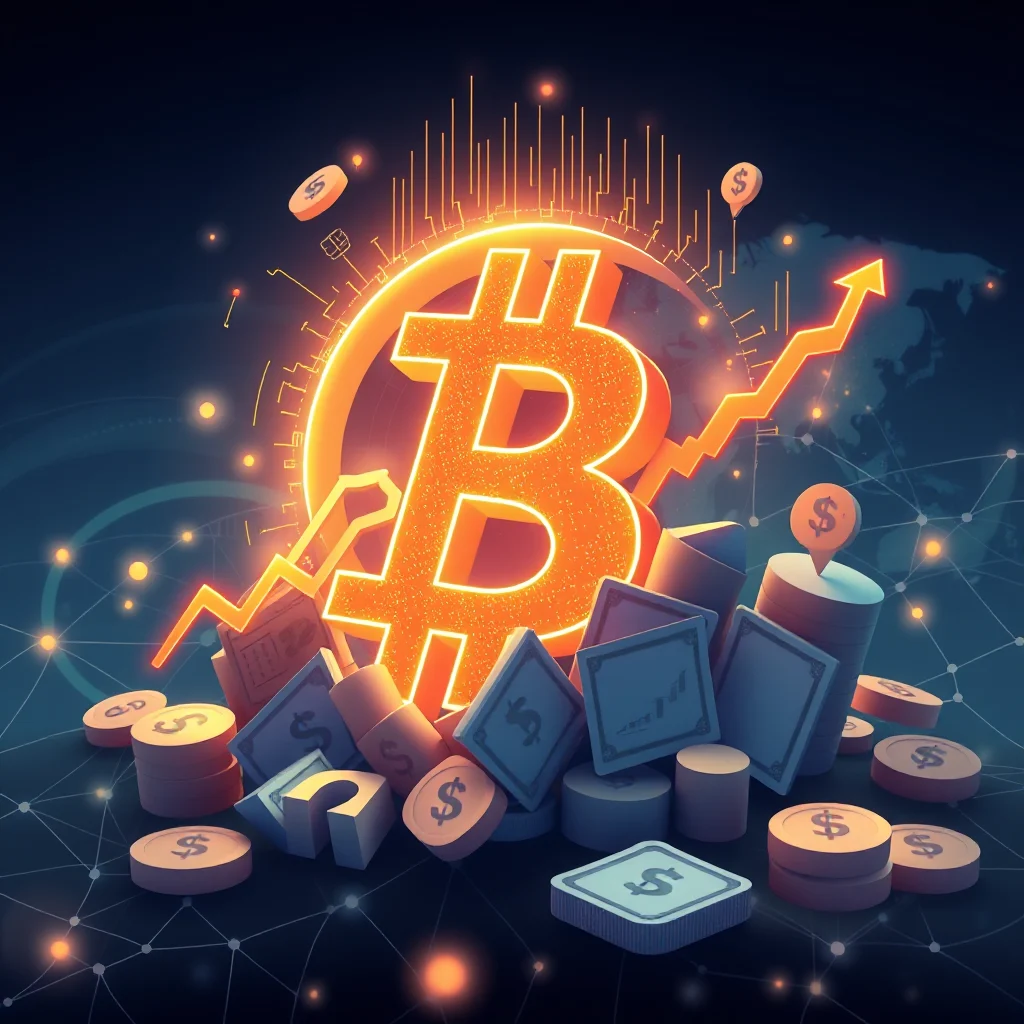 A 3D render of a large, glowing orange Bitcoin symbol with a rising orange arrow graph superimposed over it. The symbol is surrounded by stacks of digital currency coins and square tokens with dollar signs and Bitcoin symbols. The background is a dark blue grid with glowing orange dots and a faint outline of the world map.