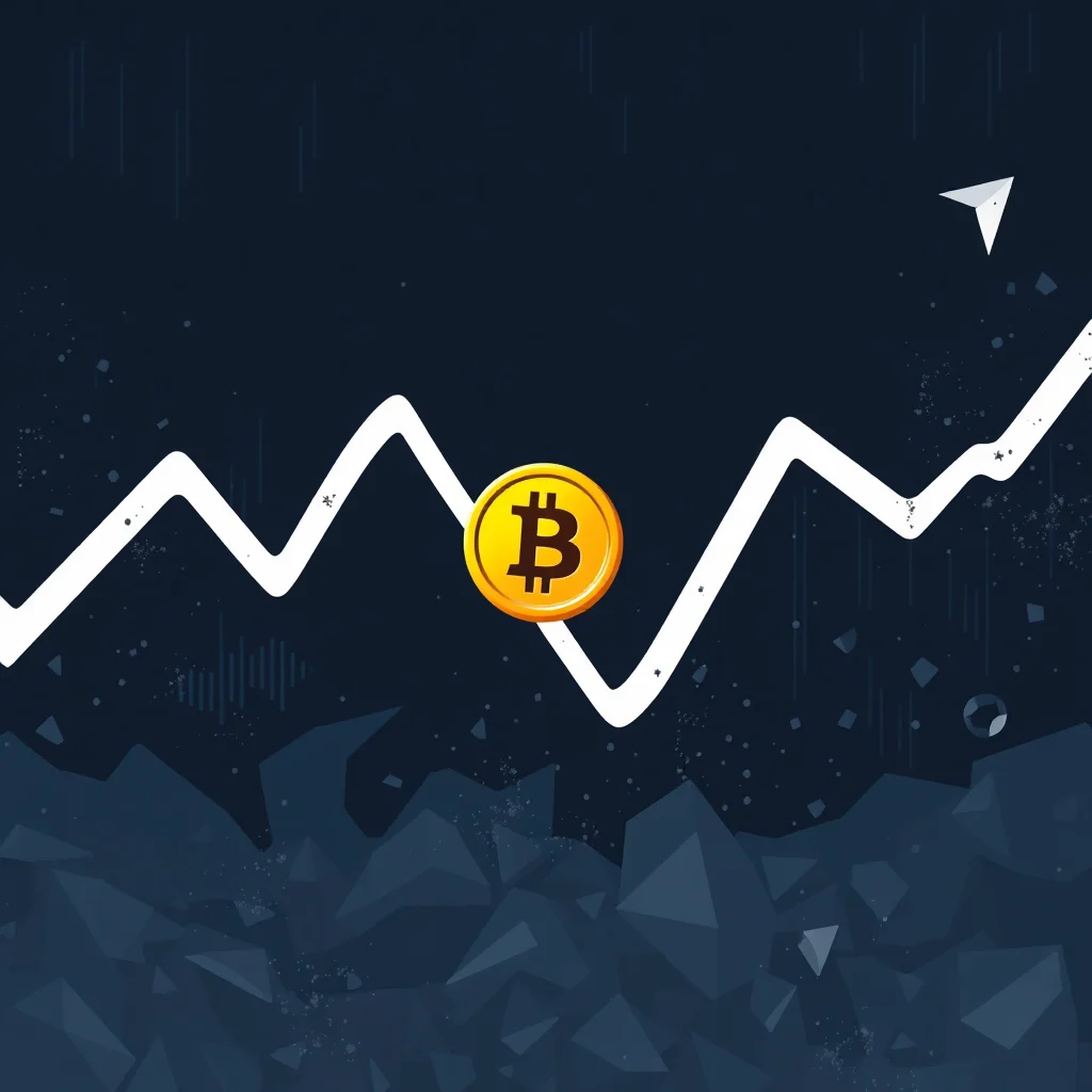 A stylized illustration depicting the upward trend of Bitcoin. A white, jagged line representing a price chart rises from the left, dipping and then surging upwards towards the right. Centered on the chart is a golden Bitcoin coin with a prominent "B" symbol. The background is a dark, textured blue, with faint vertical lines and scattered white speckles. At the bottom, a jagged, geometric landscape in dark blue tones adds depth. A small white paper airplane is visible in the upper right corner, also suggesting upward movement.