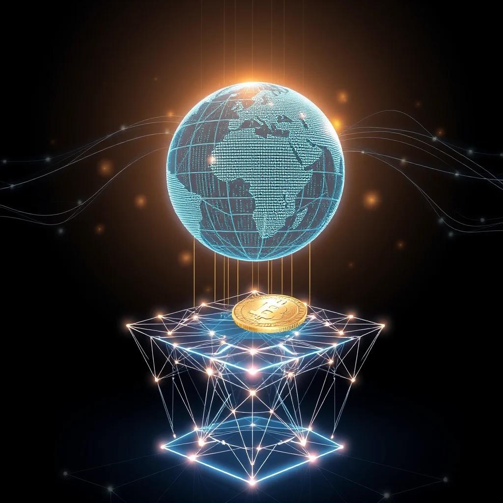 A digital globe made of binary code hangs suspended above a glowing geometric structure supporting a golden Bitcoin.