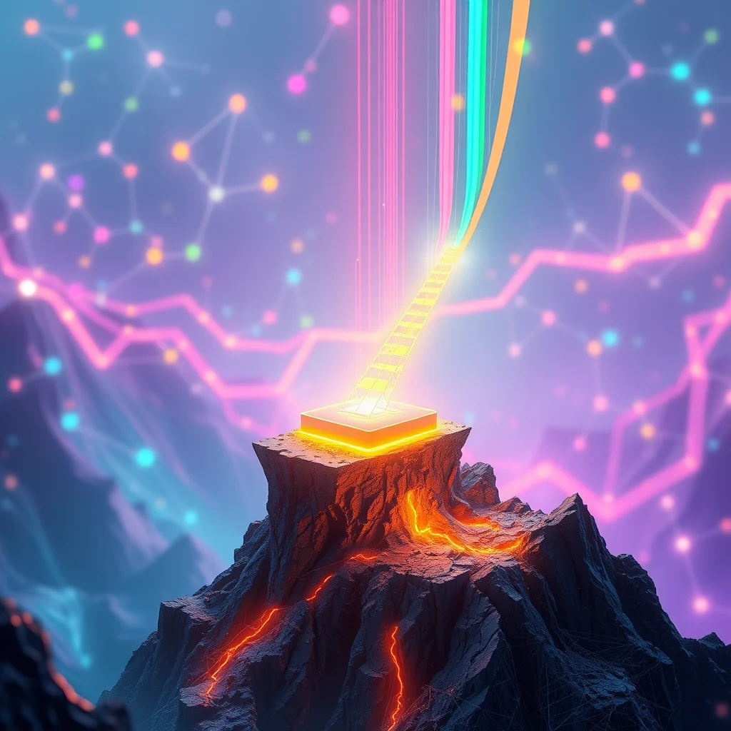 A neon-lit ladder ascends from a glowing orange platform atop a jagged, dark mountain. The background is a vibrant blend of blues and purples, with blurry pink lines and colorful dots suggesting a digital network or data visualization.