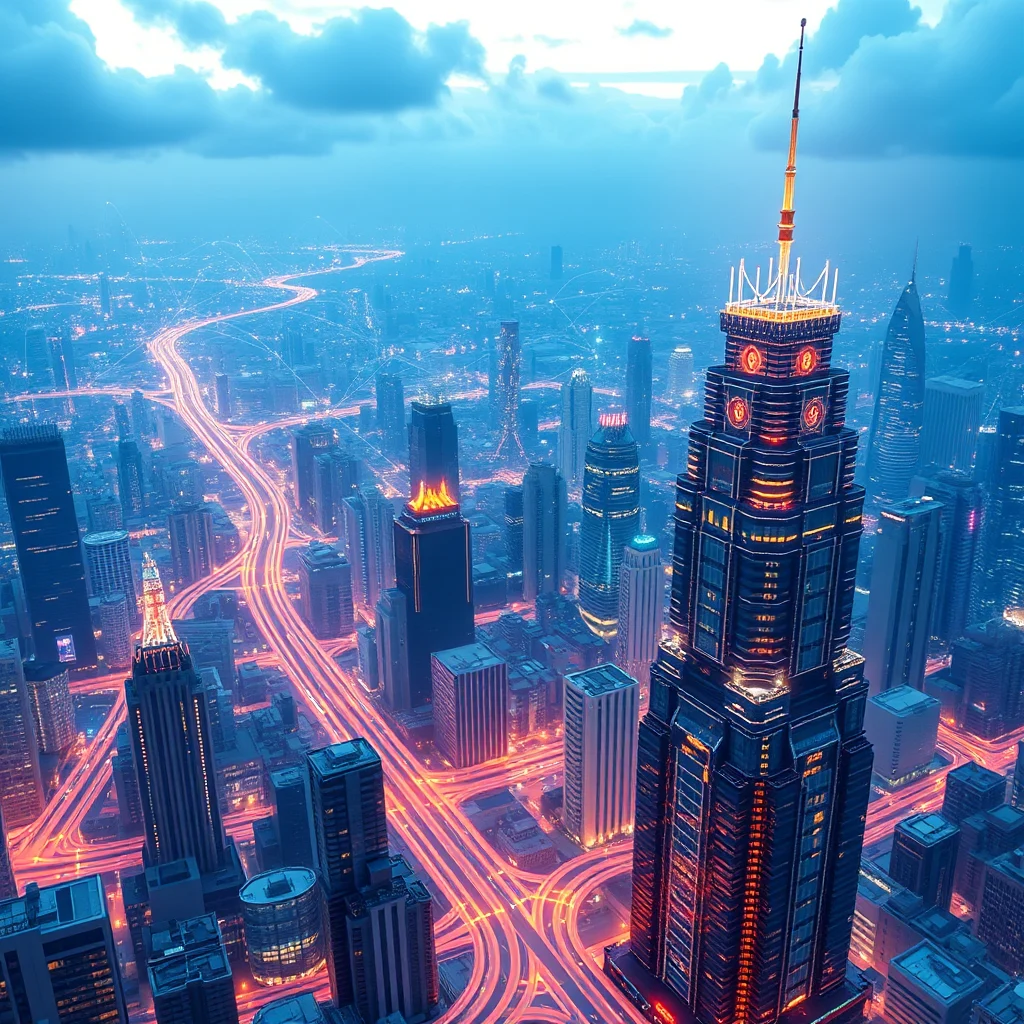 An aerial view of a modern city at dusk, with illuminated skyscrapers and glowing red traffic lines forming intricate patterns on the roads below.