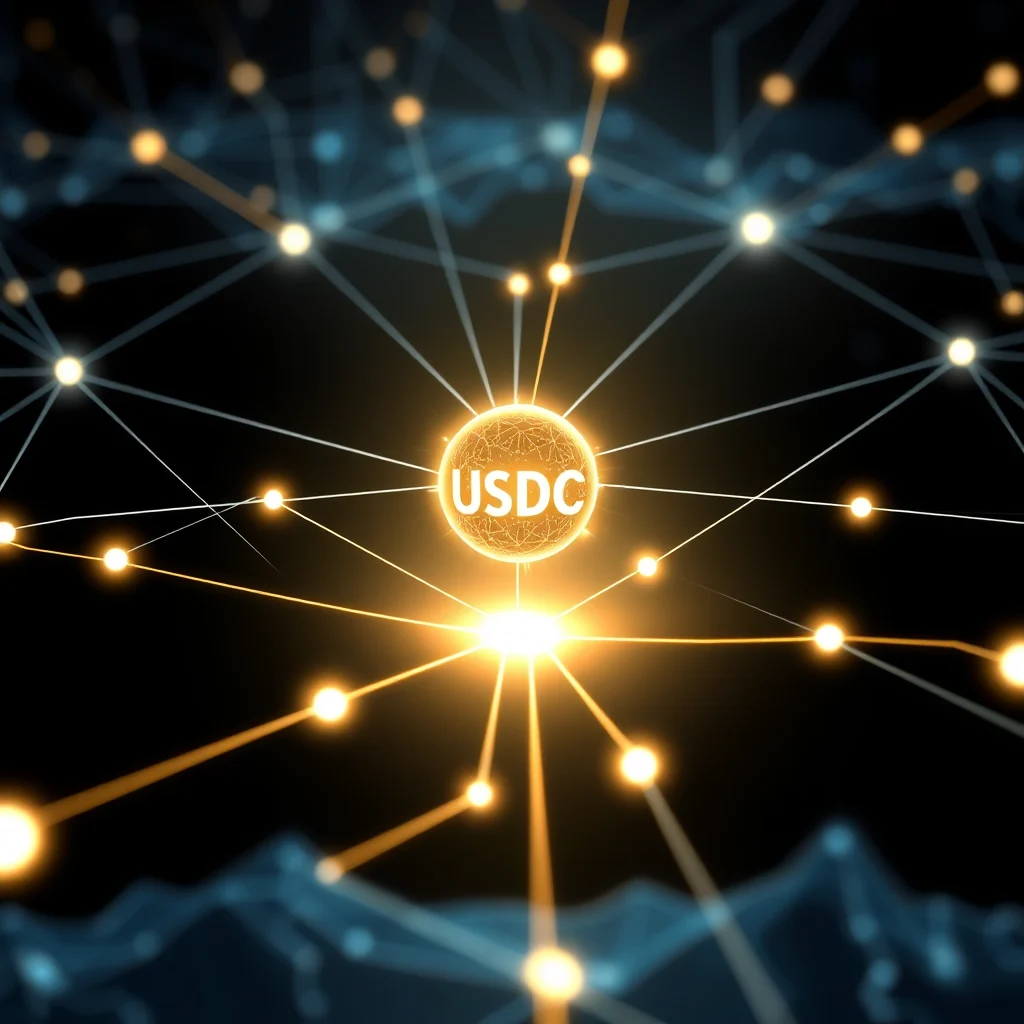 A glowing orange sphere with the letters "USDC" in white text is at the center of a network of interconnected nodes and lines. The nodes are represented by glowing dots, some orange and some blue, and they are connected by thin white and orange lines that form a complex web. The background is black, with a blurry blue network pattern visible at the bottom. The overall image has a digital and technological feel, suggesting connectivity and a decentralized system.