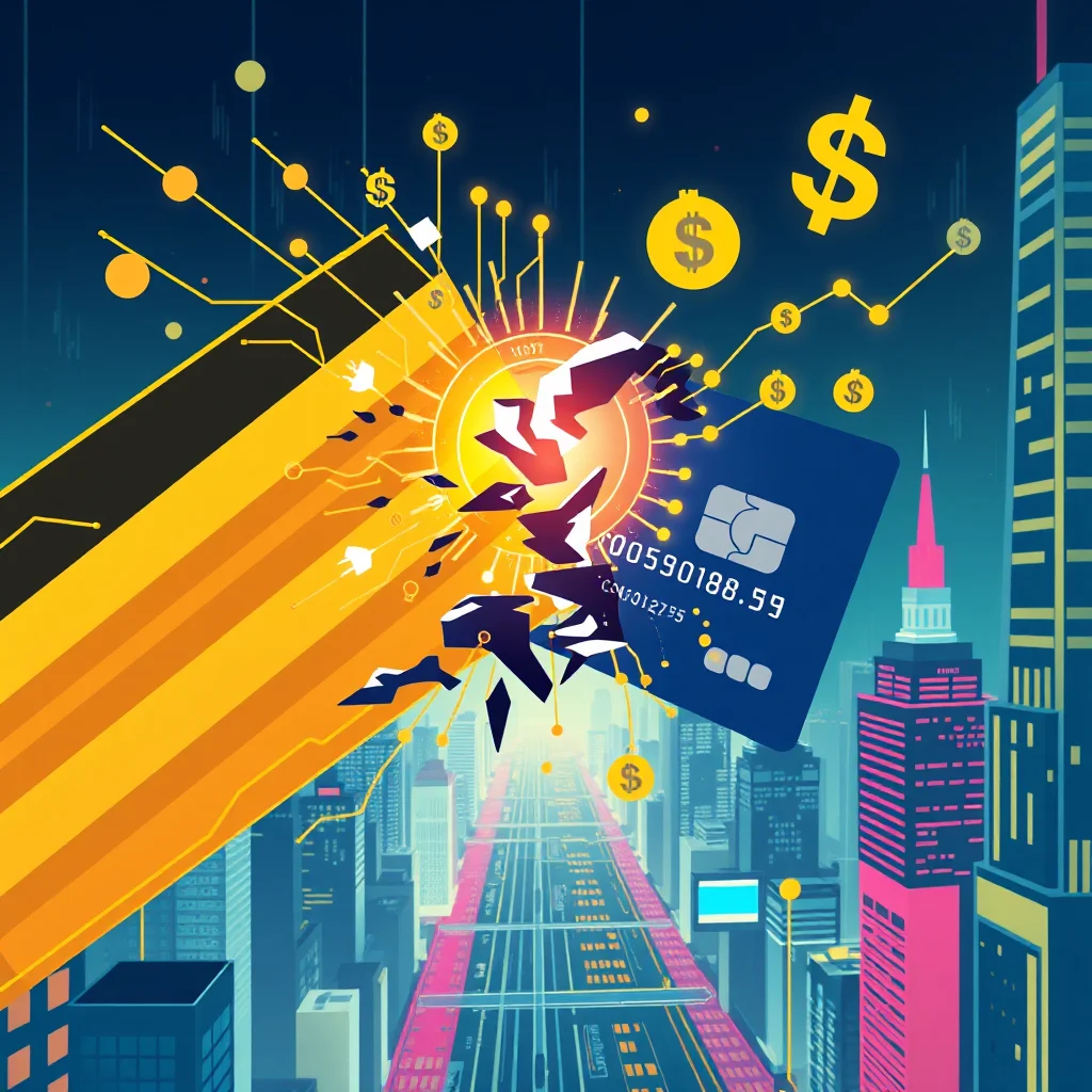 An abstract digital illustration depicting a blue credit card with a chip breaking apart in the center, surrounded by a vibrant yellow and orange abstract design resembling exploding energy or data streams. The background features a dark blue sky with yellow dollar signs and glowing circuit-like lines connecting them. Below the abstract explosion, a futuristic cityscape is visible with tall buildings and a brightly lit, multi-lane road or transportation system running through it.