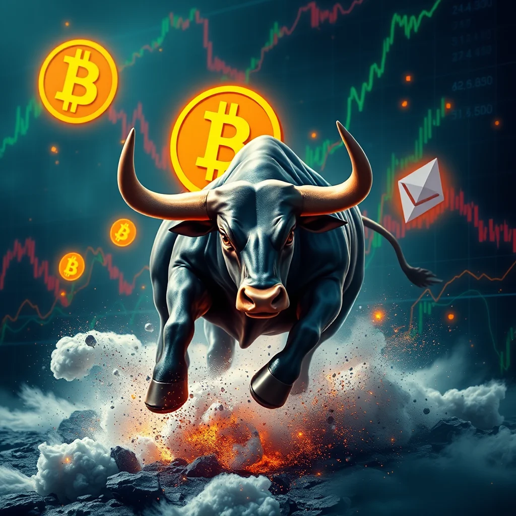 A powerful black bull with golden horns charges forward, kicking up dust and debris, against a backdrop of a green and red financial graph. Two glowing orange Bitcoin symbols are visible above and to the left of the bull, and a white Ethereum symbol is to the right.