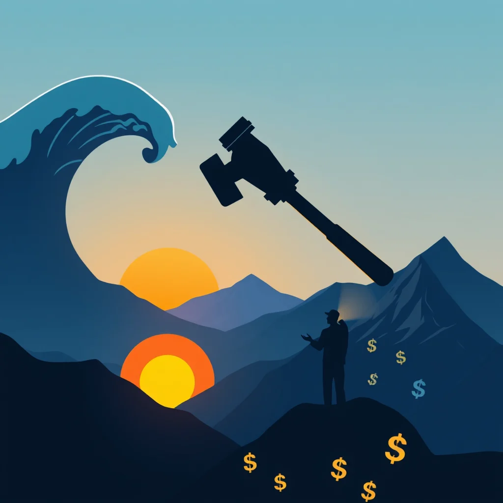A silhouette of a giant wave looms over a mountainous landscape at sunset. In the foreground, a silhouetted figure stands on a peak, reaching upwards with open hands. A large, dark silhouette resembling a gavel or a hammer hangs in the sky, seemingly about to strike. Several dollar signs are scattered around the figure and in the foreground, some glowing yellow and others a pale blue. Two suns are visible in the distance, setting behind the mountains.