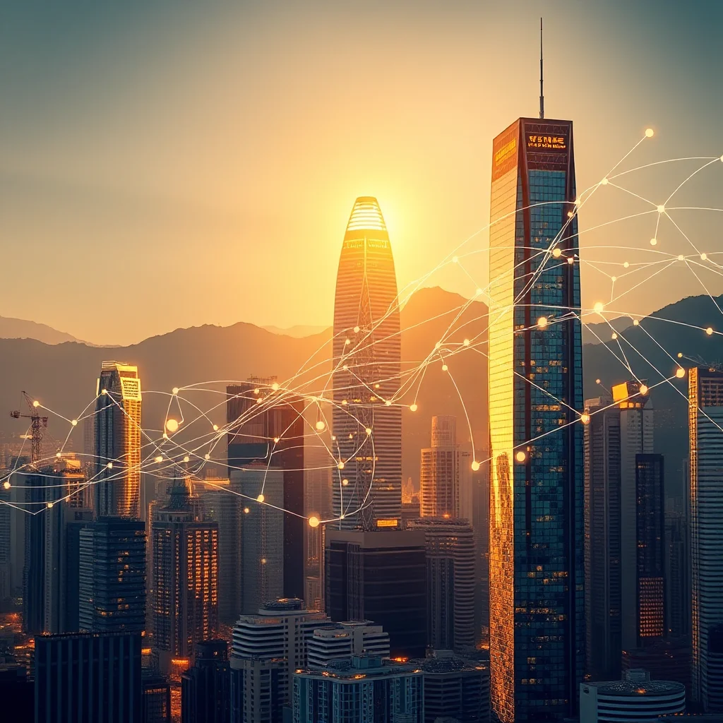 A network of glowing interconnected lines and circles is superimposed over a cityscape at sunset, with tall skyscrapers and mountains in the background.