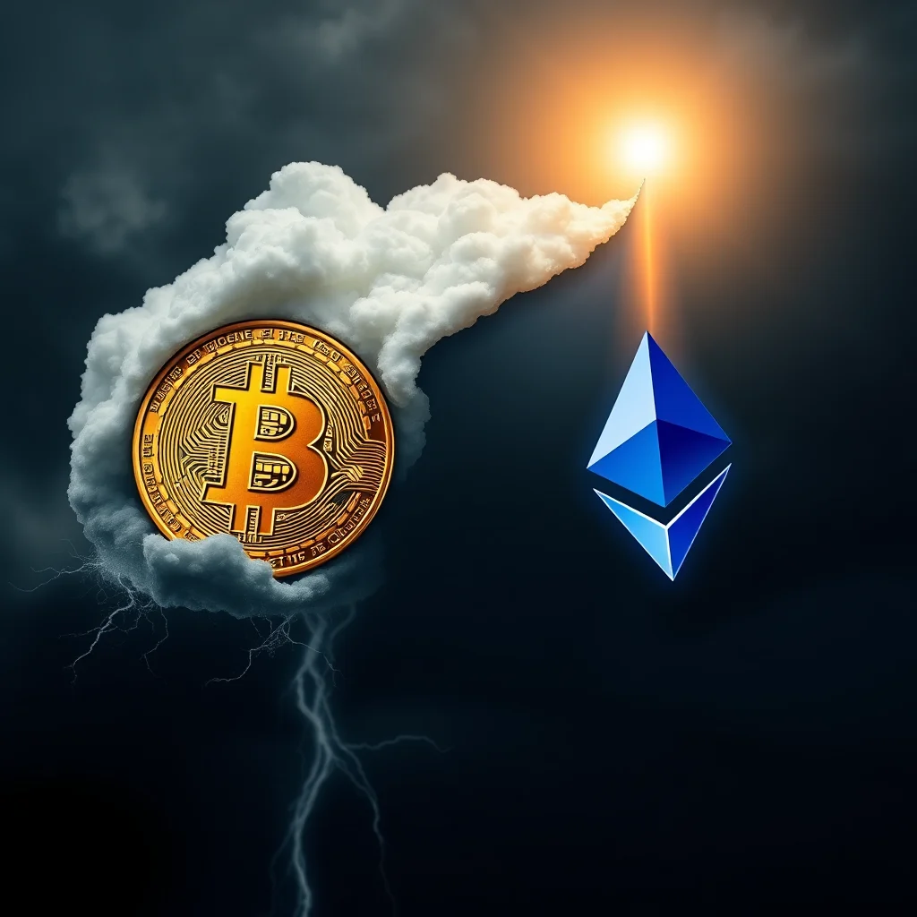 A golden Bitcoin coin is emerging from a white cloud with lightning striking below it, while a blue Ethereum logo is ascending towards a bright orange light in the dark sky.