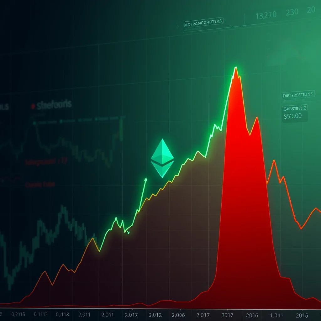 A glowing green line graph on a dark green background, depicting a cryptocurrency price chart. The line starts low and climbs steeply upwards, colored green, then peaks sharply and falls dramatically into a red zone, before climbing again slightly. An Ethereum logo is prominently placed on the green rising section of the graph. Small text labels and numbers are visible on the graph and in the background, suggesting financial data or analytics.