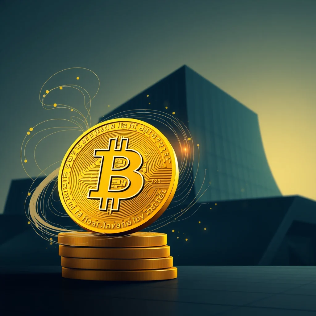 A close-up, eye-level shot of a golden bitcoin coin stacked on top of four other bitcoin coins. The bitcoin coin is in sharp focus and centered in the frame, with a blurred background of a dark, angular building that resembles a modern skyscraper. Abstract golden lines and small yellow dots appear to emanate from the bitcoin coin, suggesting digital connectivity or energy. The lighting is warm, with a golden hue highlighting the bitcoin and casting a soft glow on the surrounding elements.