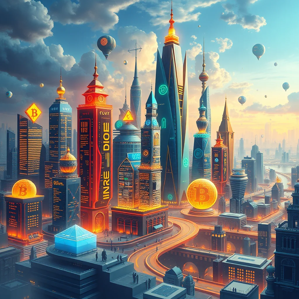Futuristic cityscape with illuminated skyscrapers, bitcoin symbols, and hot air balloons under a cloudy sky.
