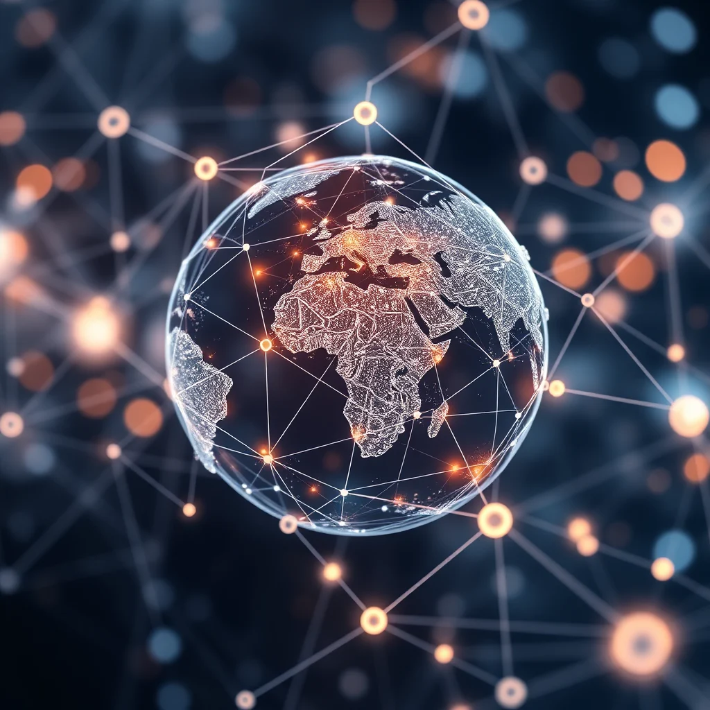 A glowing, transparent sphere representing Earth is suspended in a dark void, crisscrossed by a network of white lines and illuminated by orange-glowing nodes. The continents of Europe and Africa are visible on the sphere's surface, rendered in intricate white lines. The surrounding network of glowing nodes and connecting lines creates a sense of interconnectedness and digital communication.