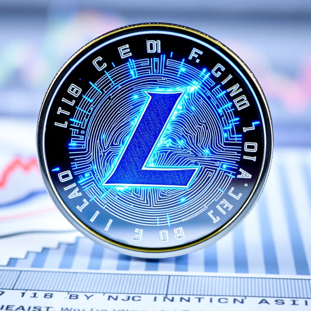A close-up of a Litecoin cryptocurrency coin with a blue "L" logo and circuit board pattern, resting on a financial chart.
