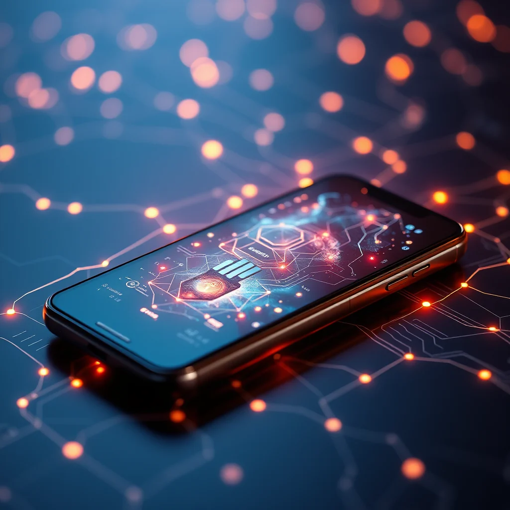 A smartphone displaying a digital circuit board with glowing orange lines and a Bitcoin symbol.