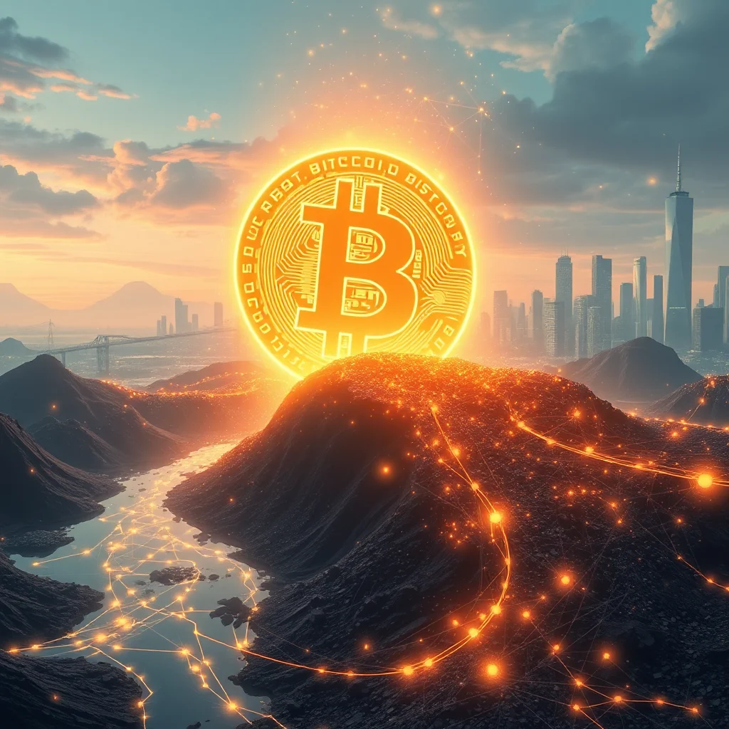 A glowing orange Bitcoin symbol hovers above a mountain range at sunset, with a cityscape in the background and a river illuminated by glowing digital network lines.