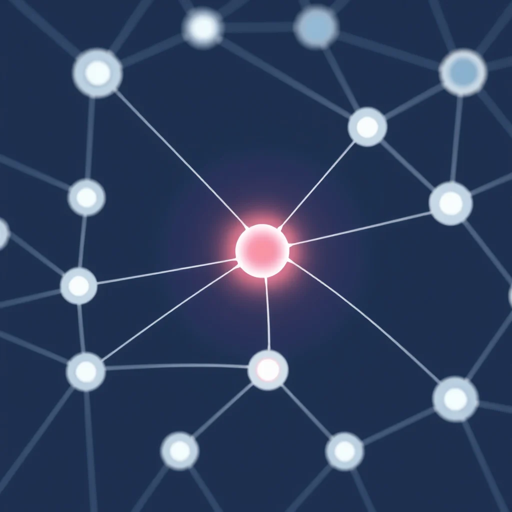 A central, glowing red node is connected by thin white lines to several smaller, pale blue nodes arranged in a web-like structure against a dark blue background.