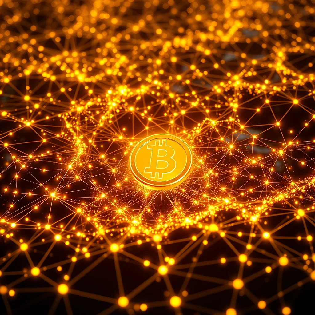 A golden Bitcoin coin is shown in the center of the image, connected to a glowing orange network of nodes and lines.