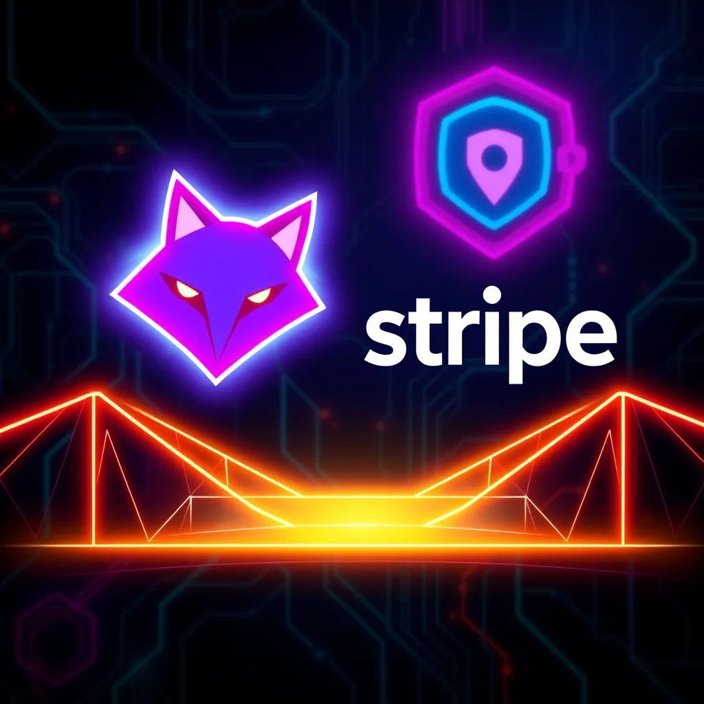 A stylized illustration with a neon fox logo on the left, a shield with a location pin logo on the right, and the word "stripe" in white text in the center. The background features a dark, digital circuit board pattern with glowing orange and red geometric shapes and lines forming a futuristic bridge or platform in the foreground.