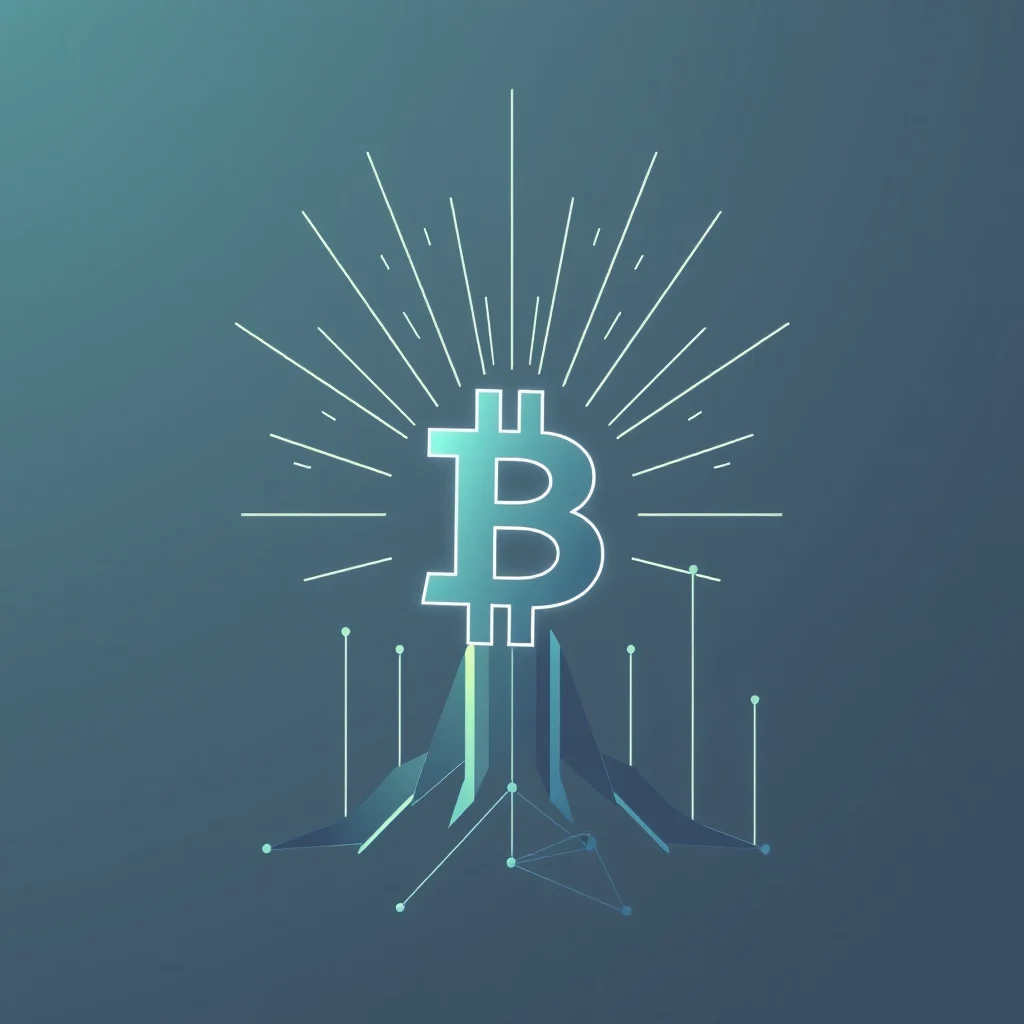 A stylized Bitcoin symbol glows with blue and green light, emitting radiating lines and resting on a geometric, crystal-like structure that appears to be growing from a network of lines and dots.