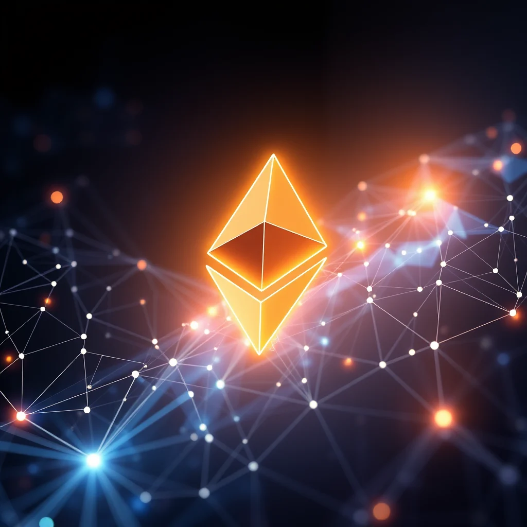 An abstract network of glowing lines and nodes, with the Ethereum logo prominently displayed in the center, radiating a warm orange light.