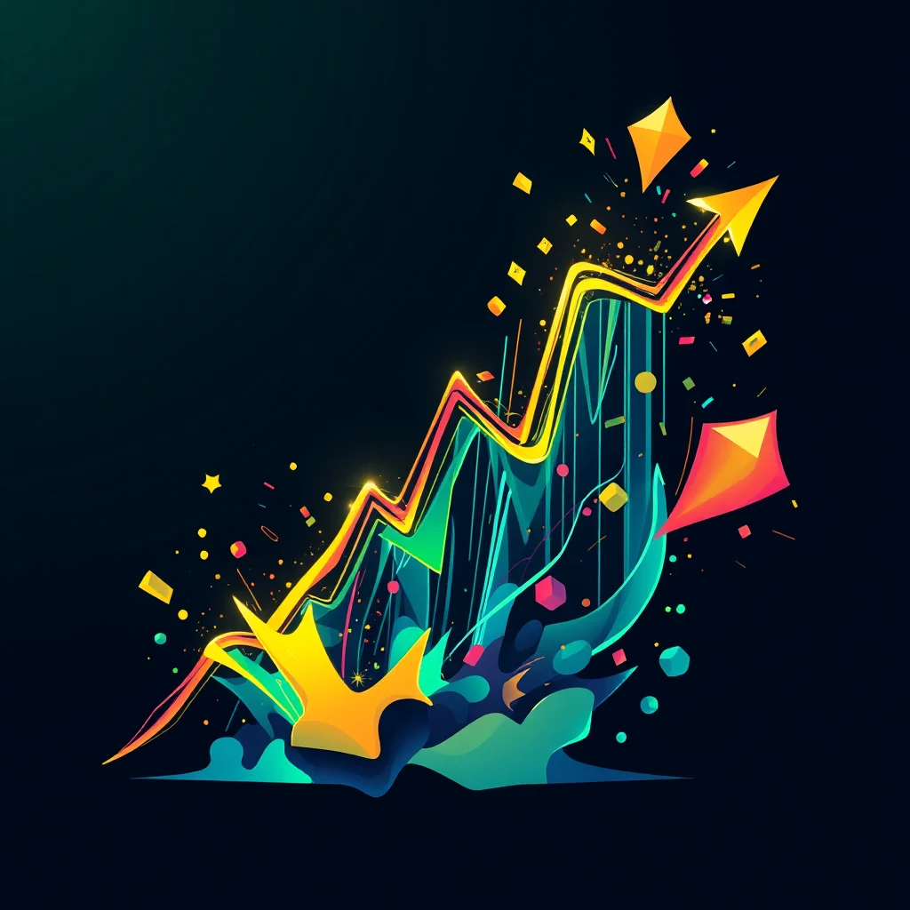 A vibrant, abstract illustration depicts a rising graph line in shades of yellow and orange, punctuated by streaks of cyan and teal. The graph appears to burst from abstract, colorful shapes and particles, with geometric forms like diamonds and squares scattered around it. An upward-pointing arrow at the end of the graph symbolizes growth and progress, set against a dark background.