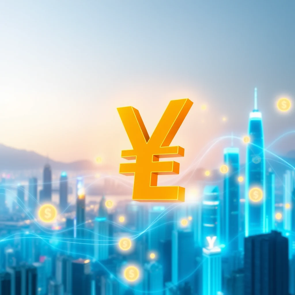 A large, glowing orange Yen symbol hovers over a blurred cityscape of modern skyscrapers at dusk. Blue lines connect various glowing yellow coins scattered throughout the scene, suggesting a financial or economic network.