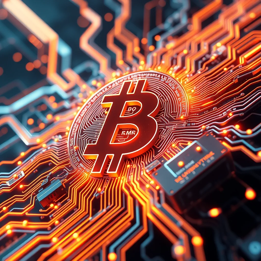 A close-up, abstract illustration of a red Bitcoin symbol glowing brightly against a background of intricate, orange-lit circuit board pathways.