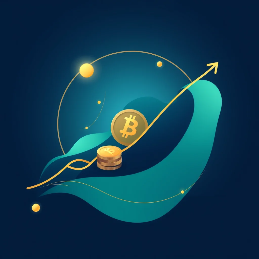 An illustration of a gold Bitcoin coin and a stack of gold coins are shown with a rising yellow arrow and green abstract shapes on a dark blue background.
