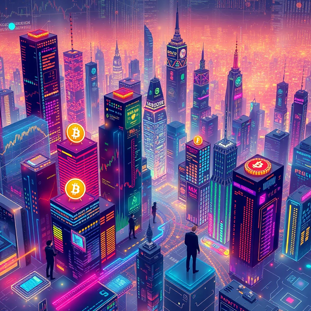 A neon-lit cityscape with towering skyscrapers, some adorned with Bitcoin symbols, set against a vibrant orange sky, evoking a futuristic financial district.