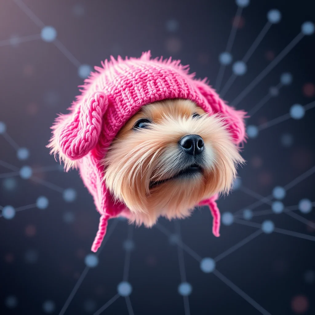 A close-up shot of a small, fluffy dog wearing a pink knitted hat with ear flaps.