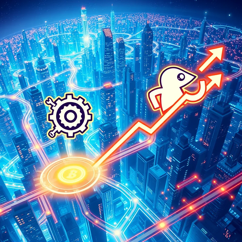 A neon-lit, futuristic cityscape at night, with a glowing orange arrow chart rising from a Bitcoin symbol, depicting financial growth.