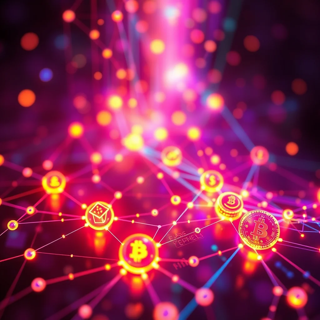 An abstract digital art illustration featuring a glowing network of nodes and connecting lines, primarily in shades of neon pink, red, and yellow, with some blue accents. Several nodes are depicted as stylized golden coins with a "B" symbol, representing Bitcoin, while others show icons of a person, a dice, and a dollar sign. The overall impression is one of interconnectedness and digital finance in a vibrant, futuristic setting.