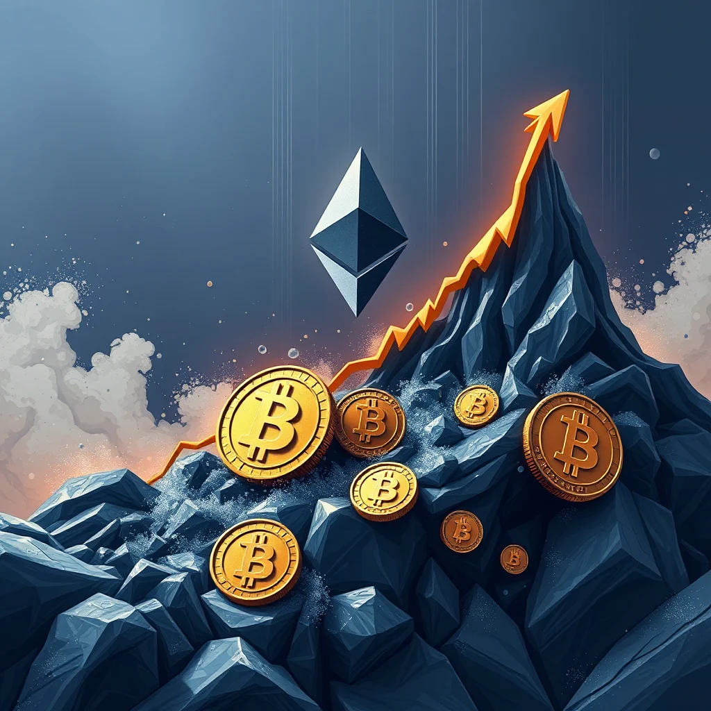 A stylized illustration of Bitcoin and Ethereum symbols on a jagged, dark blue mountain range, with an upward trending orange arrow symbolising growth.