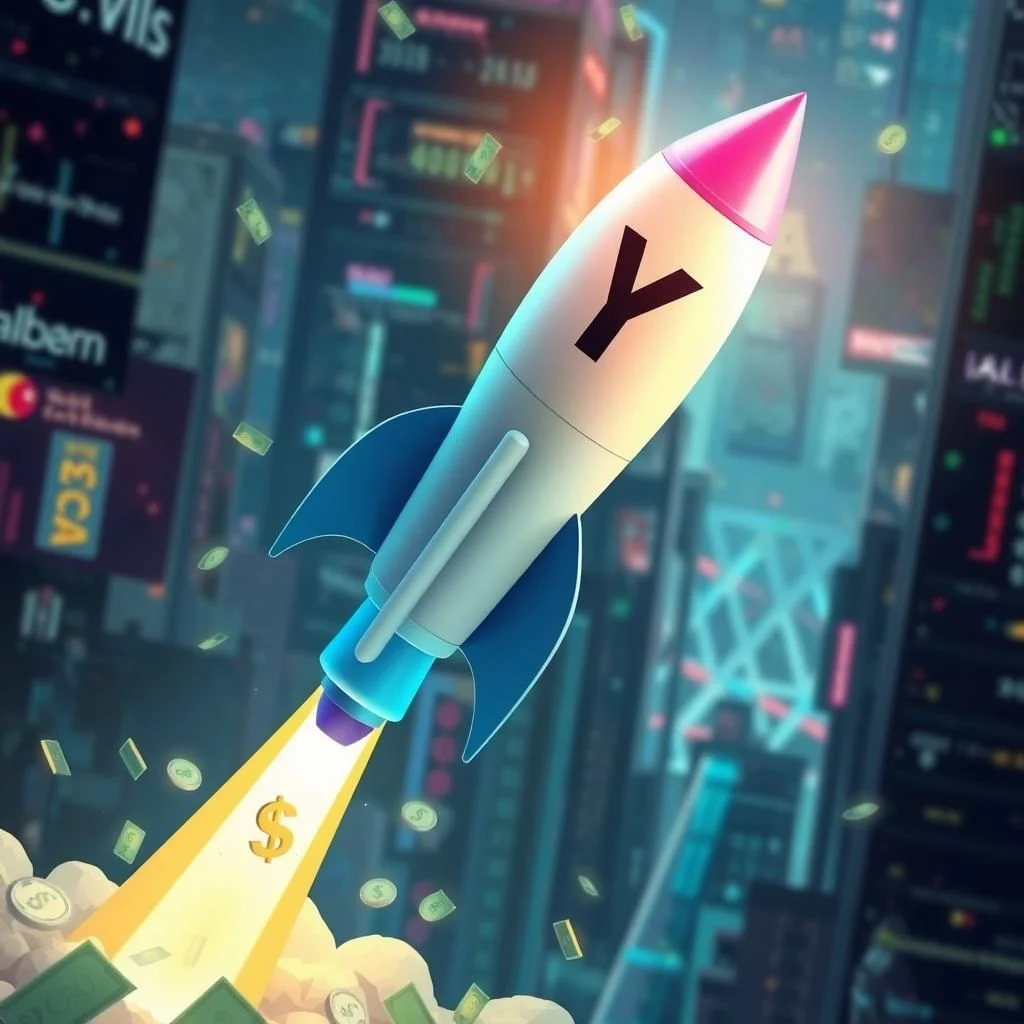 A stylized rocket labeled with a black 'Y' blasts off into a city at night, leaving a trail of golden smoke and currency.
