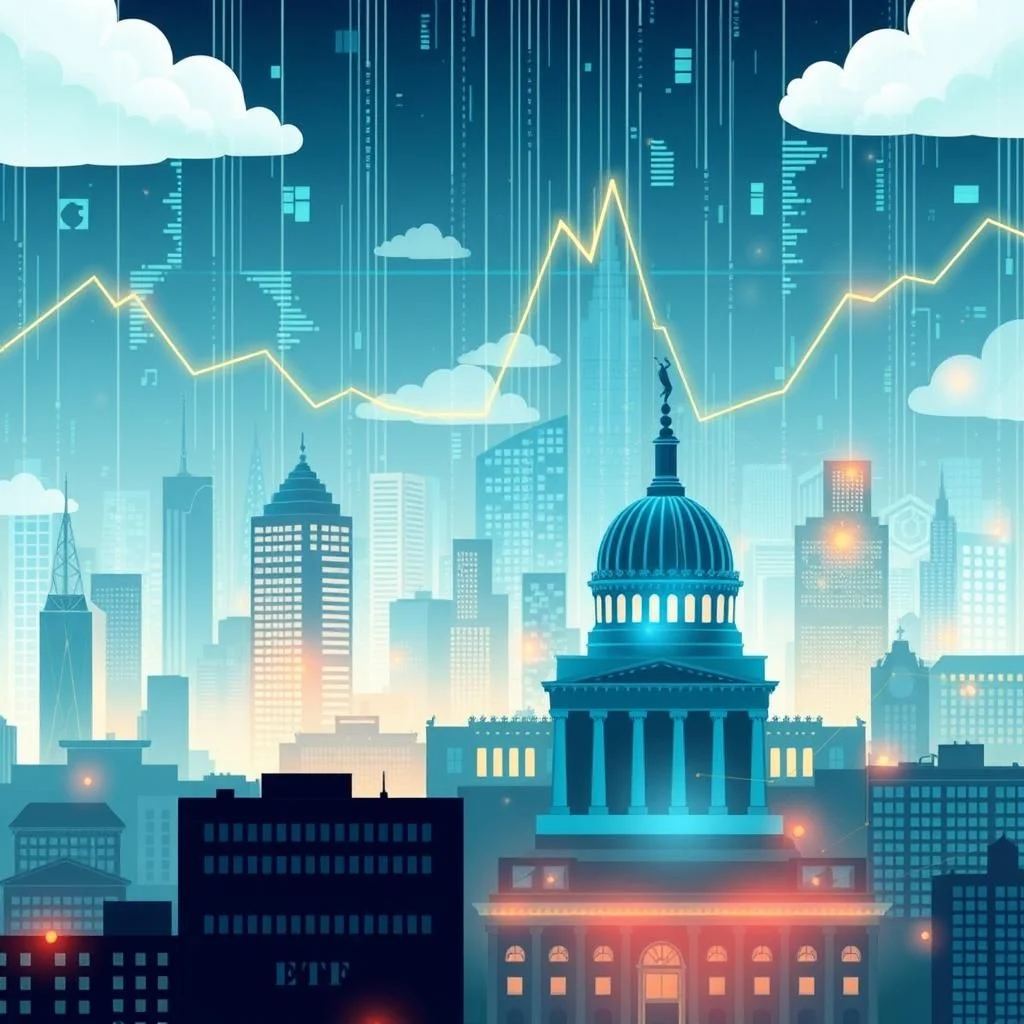 A stylized, futuristic cityscape with a bright yellow graph line overlaid, symbolizing financial growth or market trends. The architecture is a mix of modern skyscrapers and a prominent building with a dome and classical columns, all rendered in shades of blue and teal, suggesting a digital or abstract representation of finance and technology.
