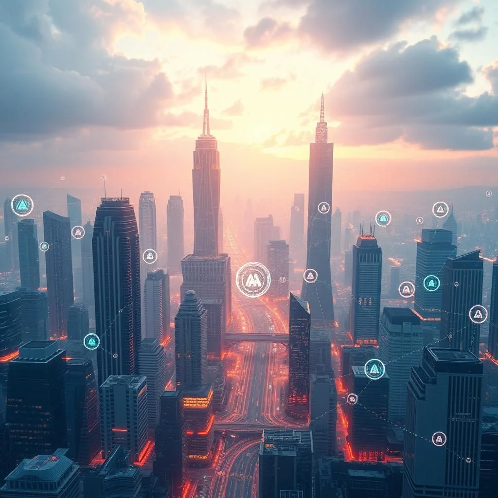 A futuristic cityscape at sunset with glowing lines connecting buildings, suggesting a smart city or network.