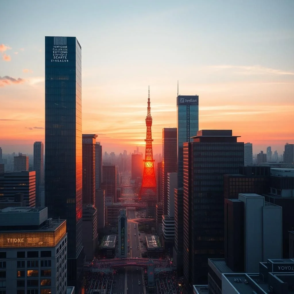 An aerial view of a cityscape at sunset, with the Tokyo Tower in the center glowing orange as the sun sets behind it, casting long shadows over the surrounding skyscrapers.