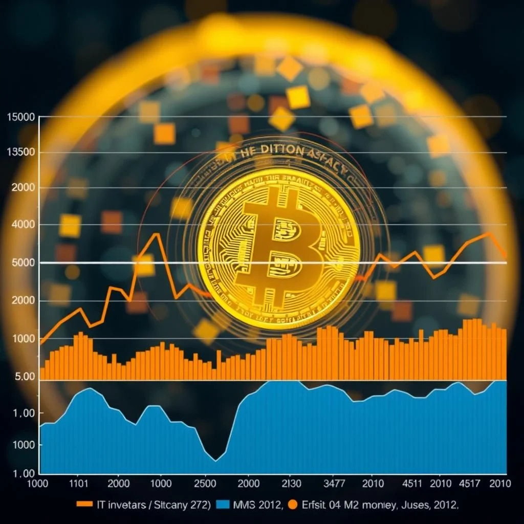 A dark background with a large, glowing Bitcoin symbol in the center. Behind the Bitcoin symbol is a bokeh effect of blurred orange and yellow squares and circles. Overlaying the Bitcoin symbol and the background are several graphs. The top graph is an orange line graph showing a fluctuating value over time, with a peak around the year 2000. Below this is an orange bar graph with varying heights. At the bottom is a blue line graph showing a fluctuating value over time. The x-axis of the graphs is labeled with numbers and years, including 1000, 1101, 2000, 2500, 2130, 3477, 2010, 4511, 2010, 4517, and 2010. The y-axis of the top graph is labeled with values from 1000 to 15000. The y-axis of the bottom two graphs is labeled with values from 1.00 to 5.00. A legend at the bottom indicates that the orange line graph represents "IT invetars / Sltcany 272", the orange bar graph represents "MMS 2012", and the blue line graph represents "Erfsit 04 M2 money, Juses, 2012.".