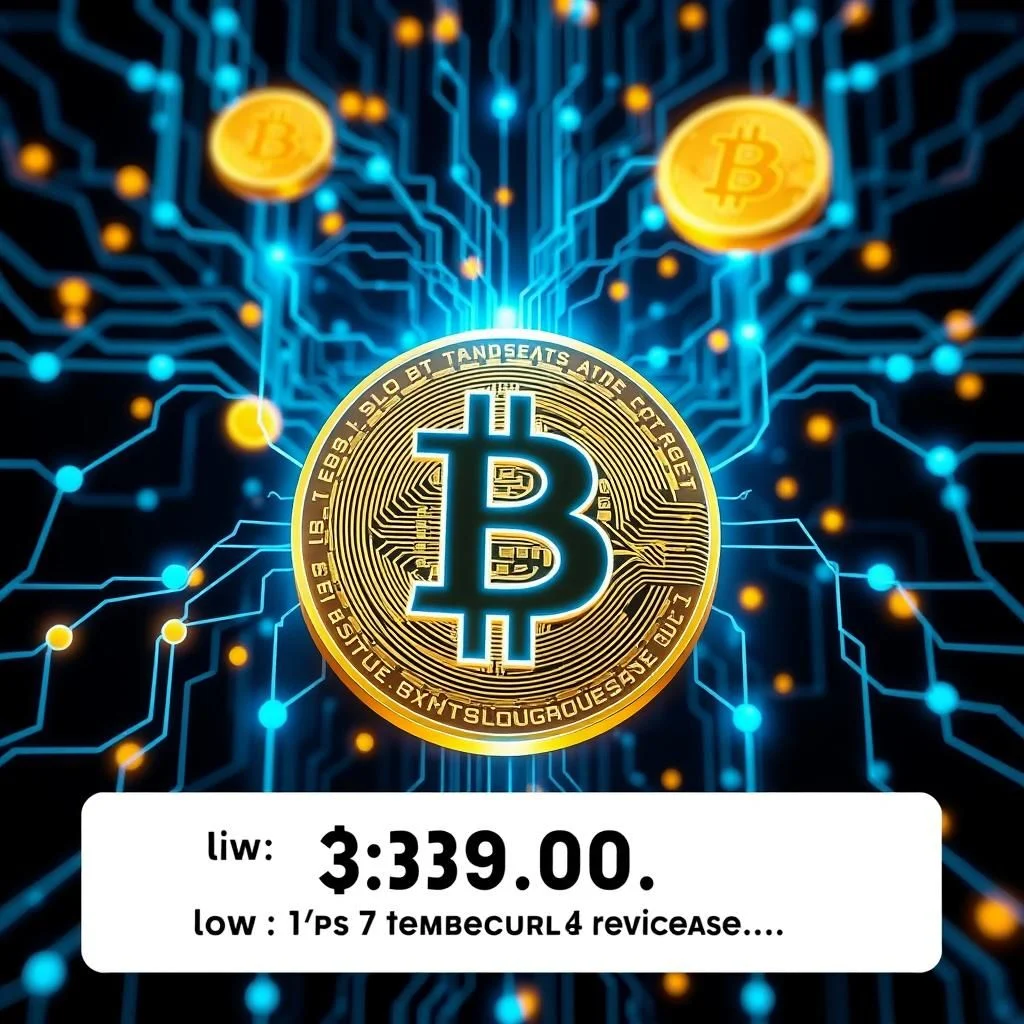 A close-up of a golden Bitcoin coin with the letter "B" in the center, set against a dark background with glowing blue and orange circuit lines and smaller, out-of-focus Bitcoin coins. Below the coin is a white box with text that reads "liw: 3:339.00." and "low: 1'ps 7 tembecurl 4 revicease....".